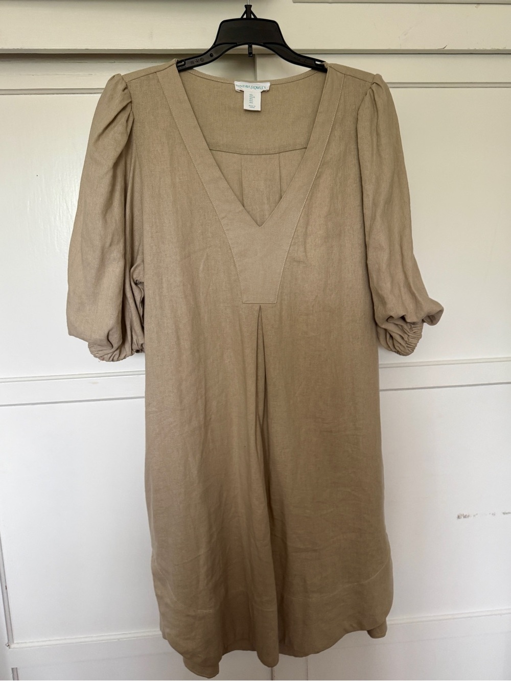 Cynthia Rowley Taupe Linen V-Neck Midi Dress with Puff Sleeves